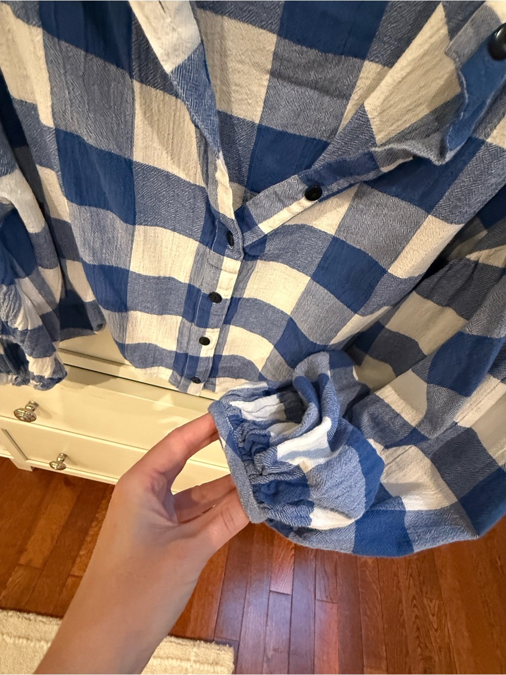 Mara Hoffman Blue and White Gingham Button-Front Puff Sleeve Top Small - Picture 2 of 3